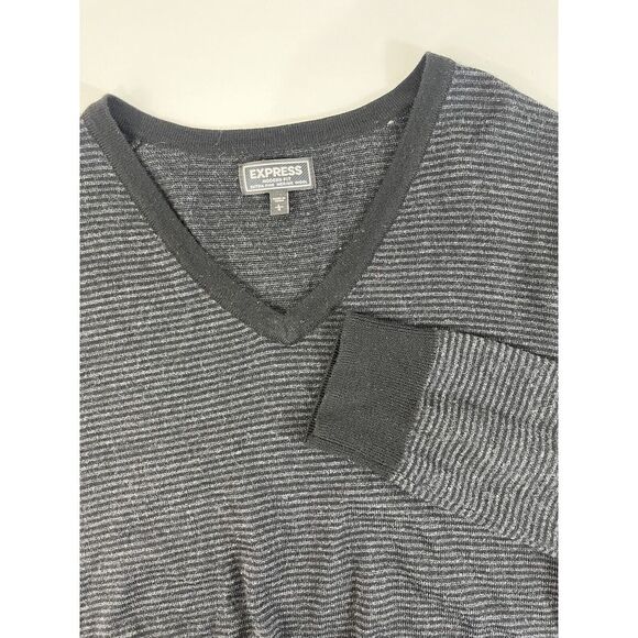Express Men‎ 100% Merino Wool Sweater Large Knit V Neck Black Gray Striped Soft - Picture 1 of 6